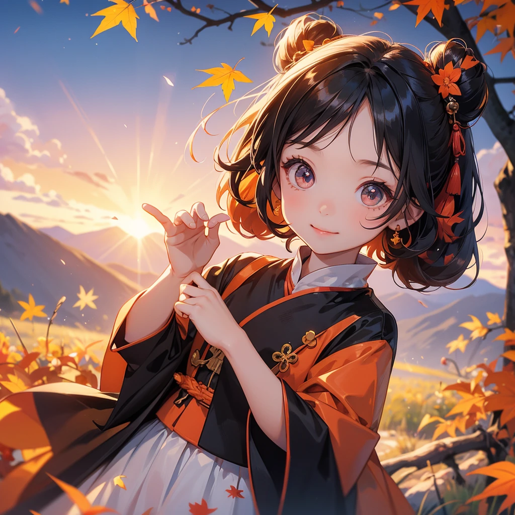 A chibi child girl had a small face and Wearing a little Taoist priest's outfit. A pair of big round eyes shone with curiosity about him. This child was so cute! The backdrop is a mountain that turns orange-red in spring, and maple leaves fall from the trees, her hair is black with two buns on her hair.small chibi, chibi baby, smiling ,Chibi. Sunset.