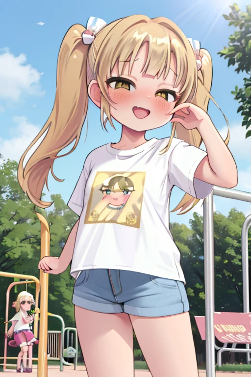 blush, sunlight, sunny, flowers, on a park, mesugake expression, ((mesugake expression at lens)) long hair, bows on pigtails, white bows, (Female , golden blond hair in pigtails, green, eyes, fair skin), (white oversized t-shirt), (short denim shorts), mesugake face, barefoot, ((At a childrens playground)), bratty, spoiled, oversized t-shirt, sassy pose
