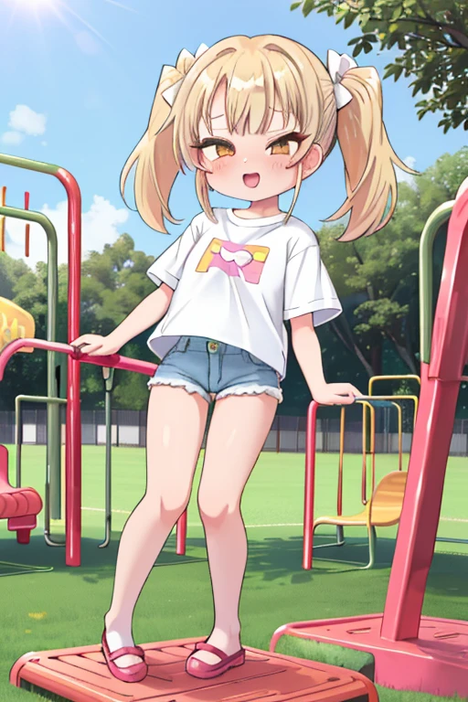 blush, sunlight, sunny, flowers, on a park, mesugake expression, ((mesugake expression at lens)) long hair, bows on pigtails, white bows, (Female , golden blond hair in pigtails, green, eyes, fair skin), (white oversized t-shirt), (short denim shorts), mesugake face, barefoot, ((At a childrens playground)), bratty, spoiled, oversized t-shirt, sassy pose