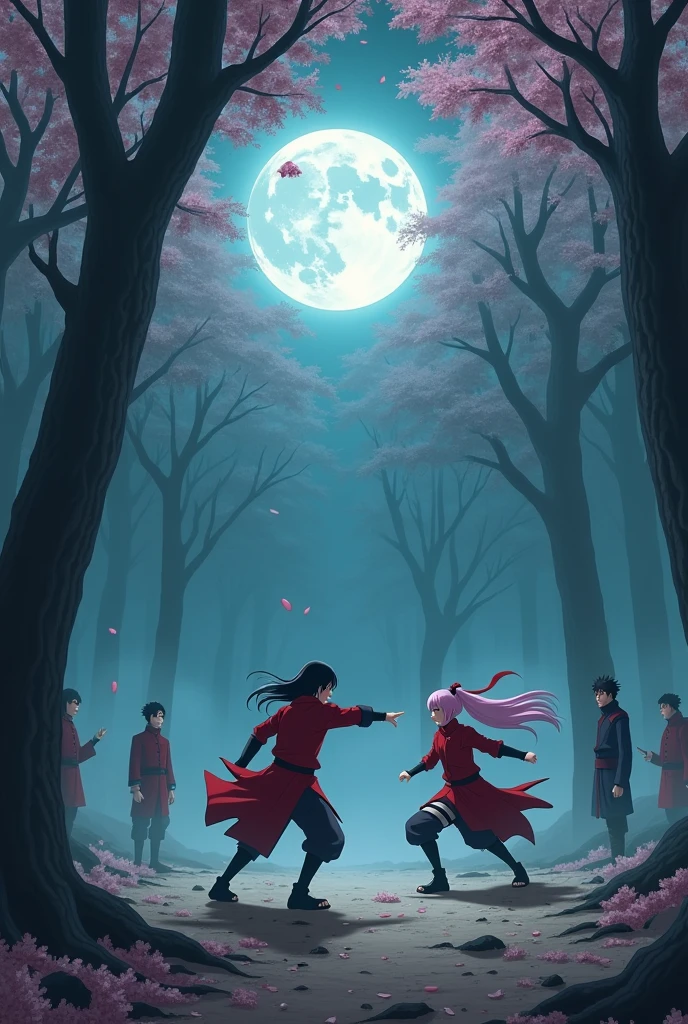 Sakura fighting in a foggy night forest with red ninjas while sasuke and naruto watch her