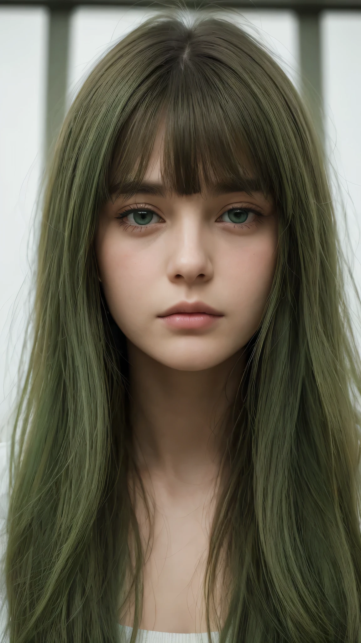 a girl. Europe. Extremely detailed face. Oval face. delicate facial features. half-closed eyes. long straight hair. messy hair. bangs. green hair. green eyes. angry. shy. straight face