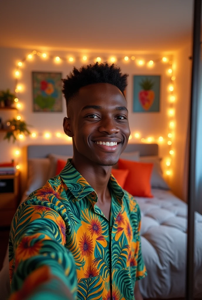 Beautiful haitian american young man, 18 years, ta a selfie in his room