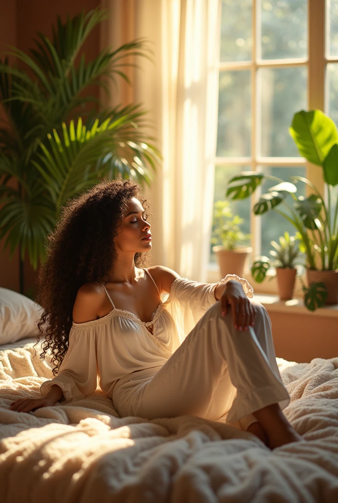 (photorealism:1.2), beautiful woman, sitting on bed, wearing loose off-shoulder top, pajama pants, long curly hair, indoors, soft lighting, plants in background, window with sunlight, cozy room, relaxed pose, realistic, intricate details, warm colors, by Greg Rutkowski, by Alphonse Mucha