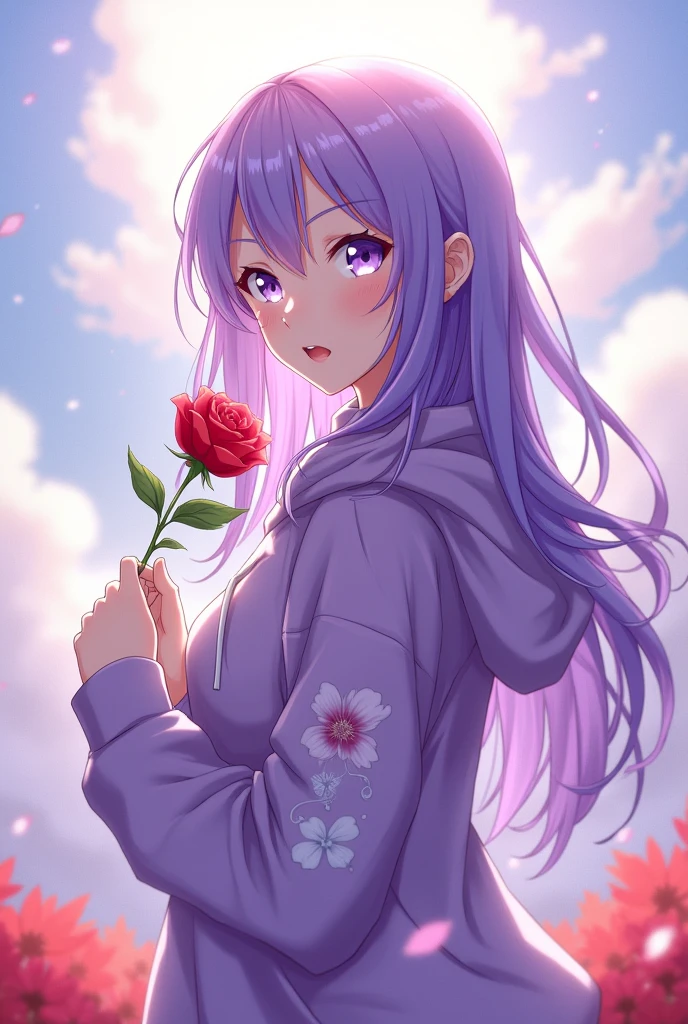 A beautiful girl, with pirpal hair, with white eyes,with purple hudi , a rose in his hand, anime