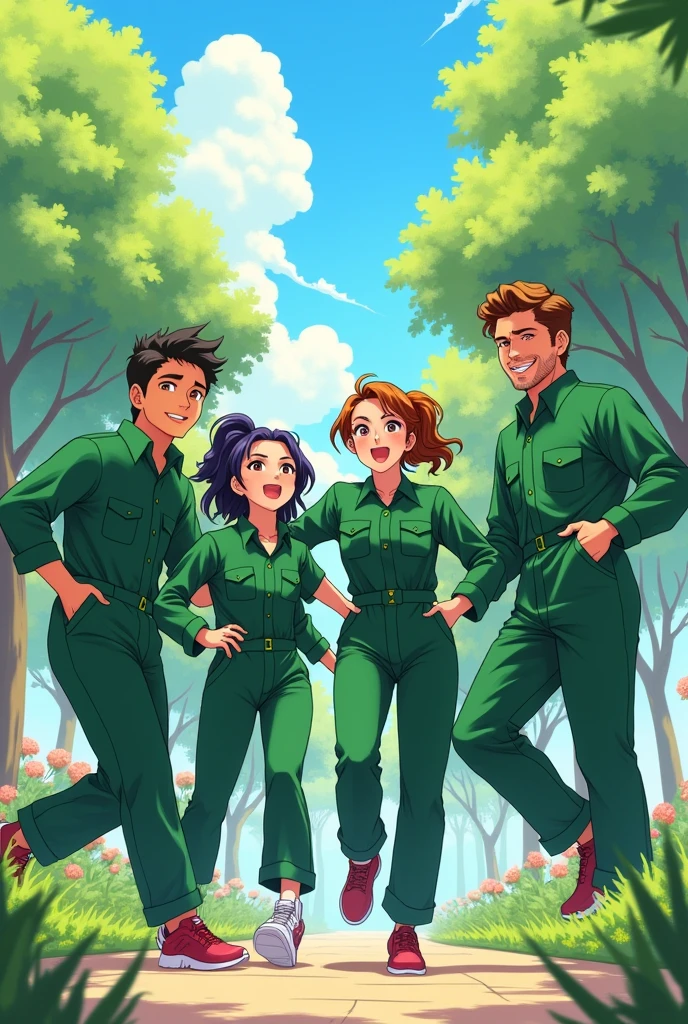 Anime-style refreshing men and women wearing green long-sleeved casual jumpsuits
