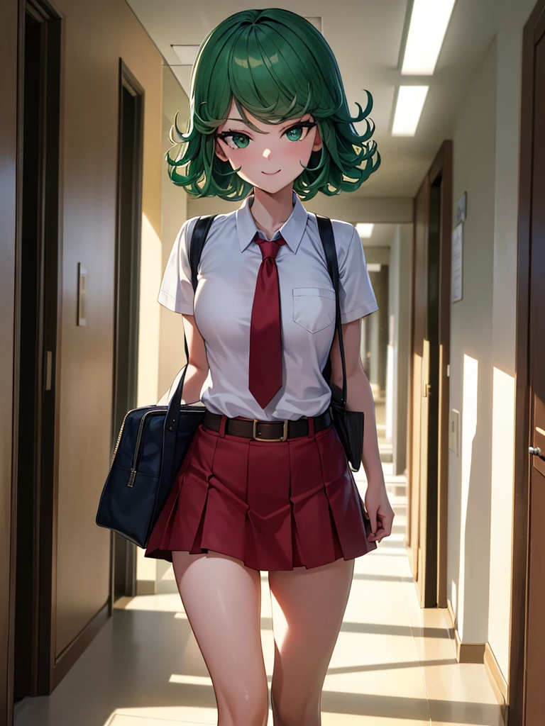 (high res, 8K, masterpiece, looking at viewer, best quality, very aesthetic, ultra detailed, ultra background, ultra Eyes) intricate details, 1girl, Tatsumaki, Green Short Hair, Green Eyes, short sleeved white shirt, Smile Face, pocket on left chest, wearing a red tie, red short skirt, wear a belt, carry a bag, walking in the school hallway, Background school hallway, School, Cinematic Angle