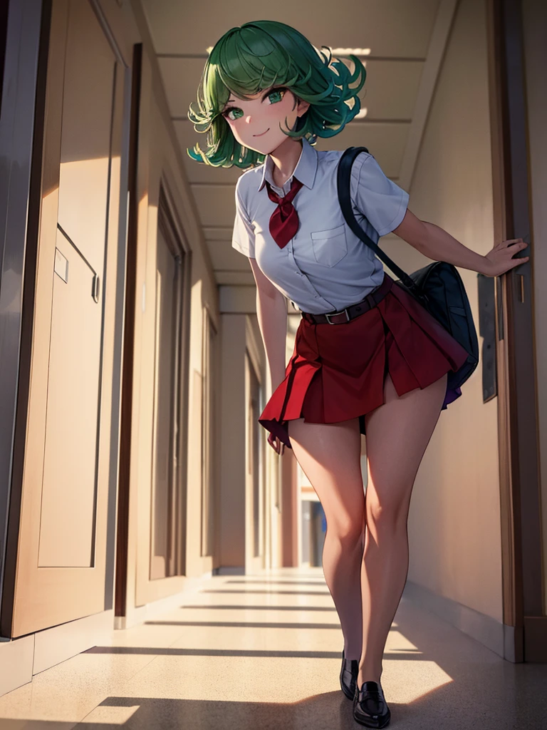 (high res, 8K, masterpiece, looking at viewer, best quality, very aesthetic, ultra detailed, ultra background, ultra Eyes) intricate details, 1girl, Tatsumaki, Green Short Hair, Green Eyes, short sleeved white shirt, Smile Face, pocket on left chest, wearing a red tie, red short skirt, wear a belt, carry a bag, walking in the school hallway, Background school hallway, School, Cinematic Angle