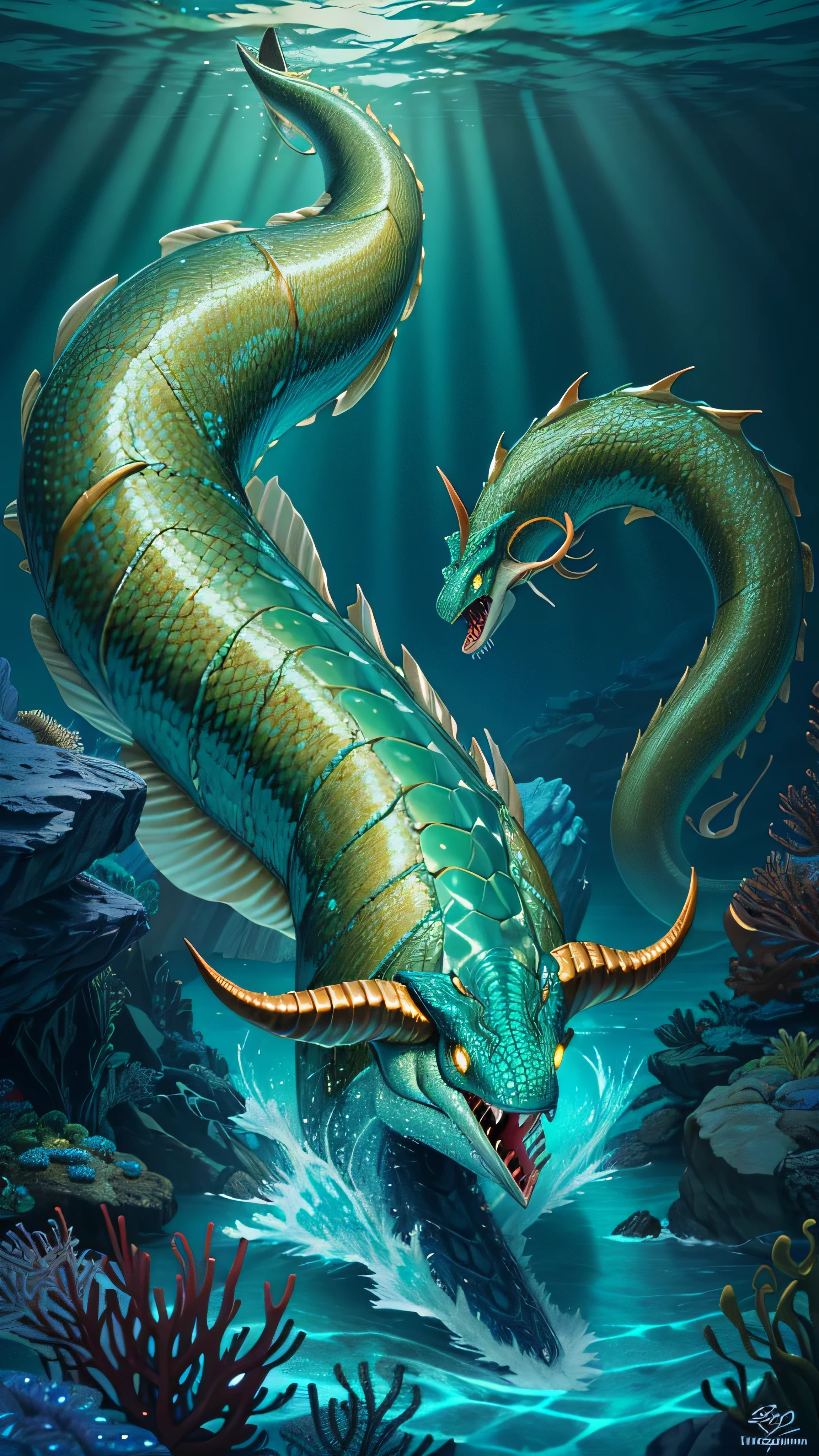a massive sea serpent, large olive-skinned aquatic creature with fins, fangs, and horns, hyper-realistic, award-winning, sharp focus, 8k resolution, cinematic lighting, photorealistic, masterpiece, detailed scales, muscular body, glowing eyes, dramatic ocean background, underwater scene, bioluminescent effects, powerful jaws, intricate details