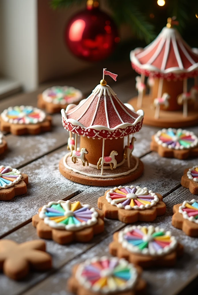 some flat gingerbread cookies with icing, that have the form of mechanical games, like carousels, wheels of fortune, etc