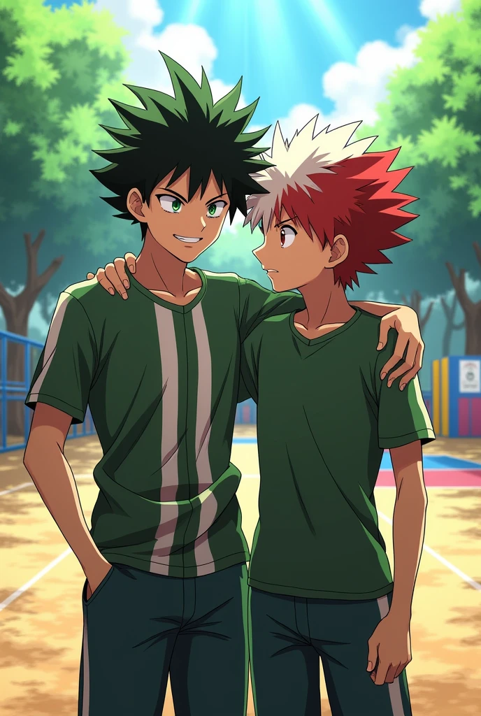 Izuku Midoriya with his arm around Todoroki Shoto