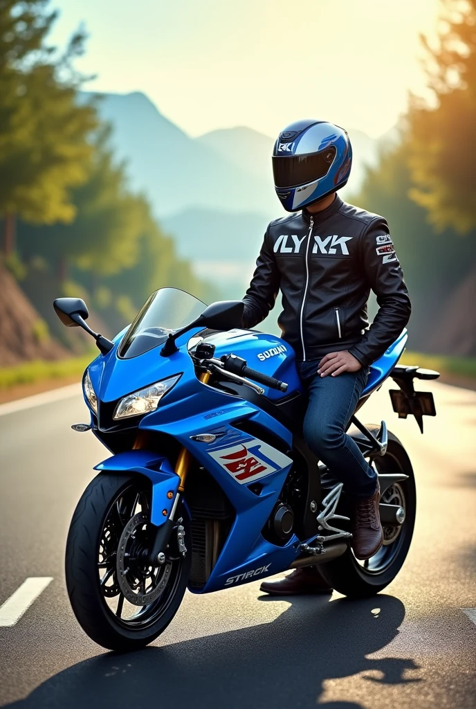 Suzuki gixxer motorcycle in blue with the name Lyk and L_Carrillo in jacket