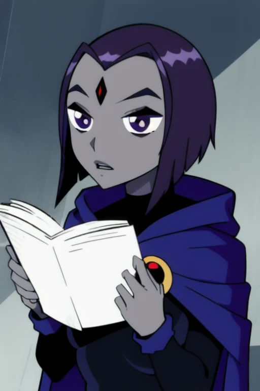 score_9, score_8_up, score_7_up, volumetric lighting,
white raven, 1girl, solo, short hair, purple hair, hood, cape, colored skin, cloak, grey skin, forehead jewel