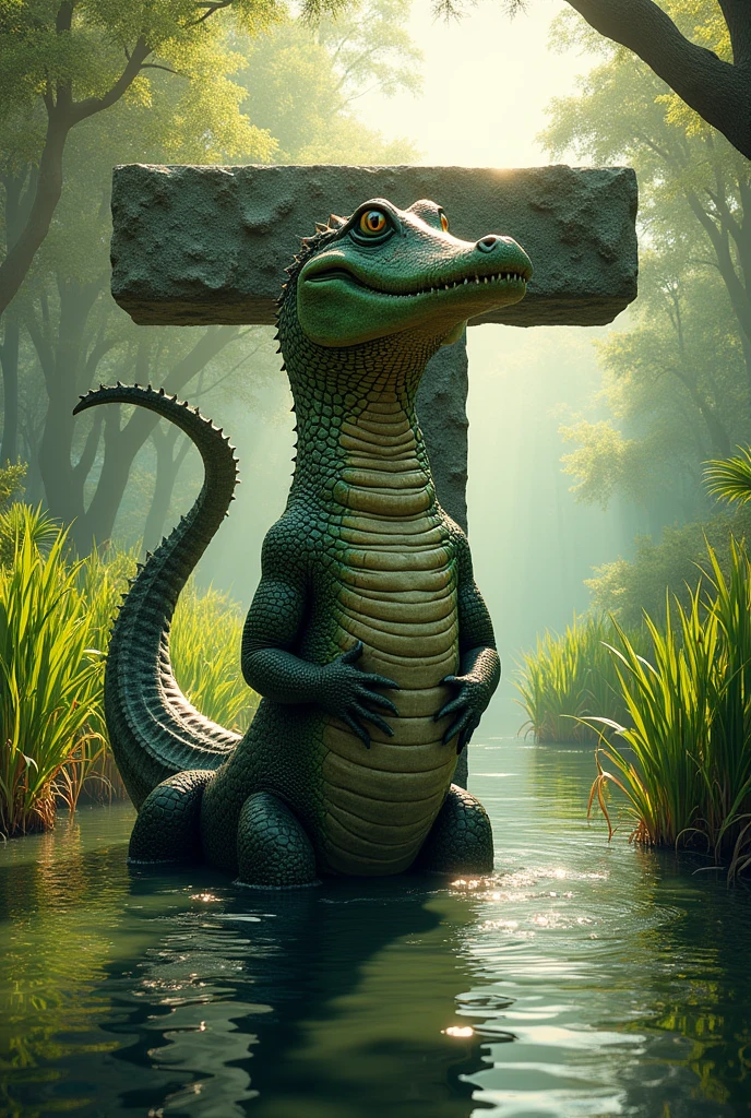 I want a crocodile with its body stretched out so that it is behind the T and that it is in the lower part of its body, almost at the tail, like surrounding the T with its tail.