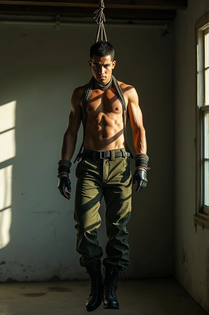 (Masterpiece), Best quality, expressive eyes, perfect face, slim, photo realistic, bondage and BSDM style, a handsome young Latino, short hair, shirtless, in six-pack, wearing tight camouflage pants, olive green, (black boots) (military boots), steel harness, tied with ropes, by the arms and around the neck, hanging from the ceiling, from a room, from a house.