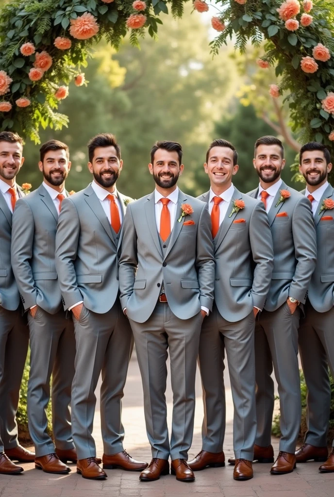 7 groomsmen in light gray suits with terracotta ties and the groom in the middle