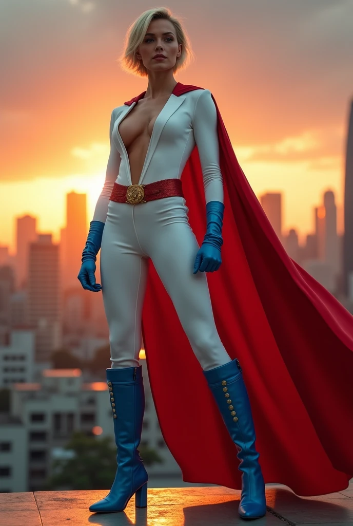 White girl, short blonde hair, muscular build, large breasts, white suit, cleavage window, red cape, red and gold belt, blue gloves and boots, prideful pose