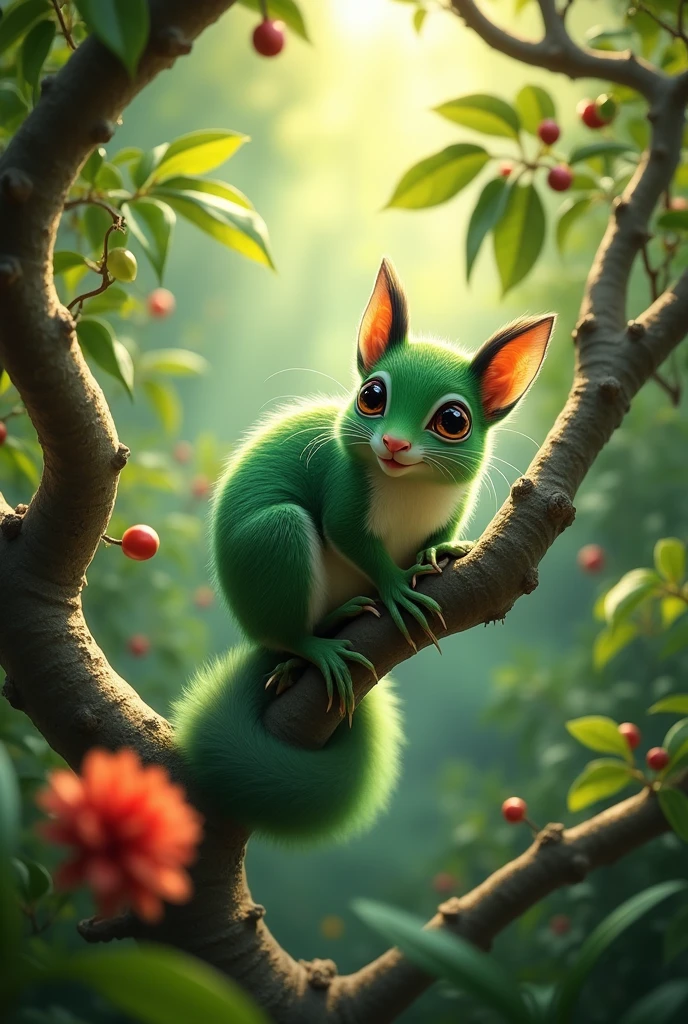 spawn a green squirrel on a geisha coffee branch and this one is in the jungle