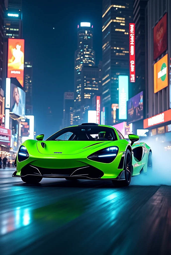 A green McLaren drifting against a city background