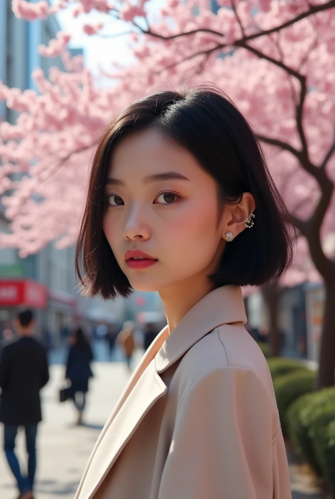 Woman with medium to white skin, ectomorfo, big asian eyes, mesorino nose, medium lips, mesocephalic, broad face, short black hair, thin and weak eyebrows, high cheekbones, extremely large cheeks