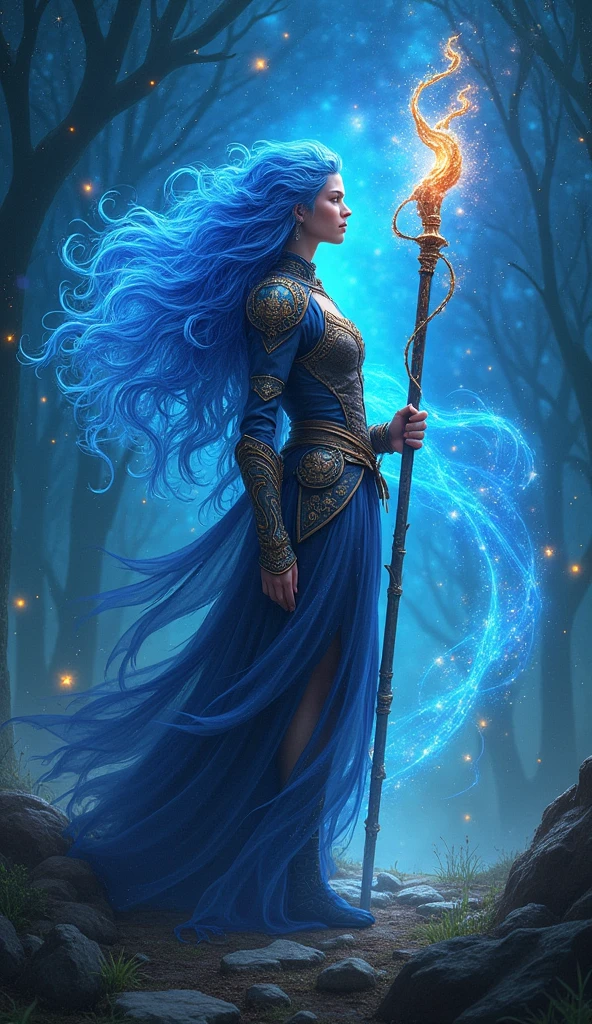 comic art  ((larry elmore style)), dnd art, rpg art, realistic art, female human druid of the stars, guardian of nature, controlling magical energy made of stars, swirling blue stary magical light, divine symbols (1.5 intricate details, Masterpiece, best quality), human female, busty, extremally beautiful, ultra feminine, dynamic hair, dynamic hair color, wearing leather armor, holding a staff, moon light, stars,  dynamic natural background,  RPG art, magical atmosphere magic-fantasy-sky full with colorful stars, high details, best quality, 16k, [ultra detailed], masterpiece, best quality, (extremely detailed), dynamic angle, ultra wide shot, photorealistic, ((fantasy art)) ultra best realistic, best details, best quality, 16k, [ultra detailed], masterpiece, best quality, (extremely detailed), ultra wide shot, photorealism, depth of field, hyper realistic painting, 3D rendering