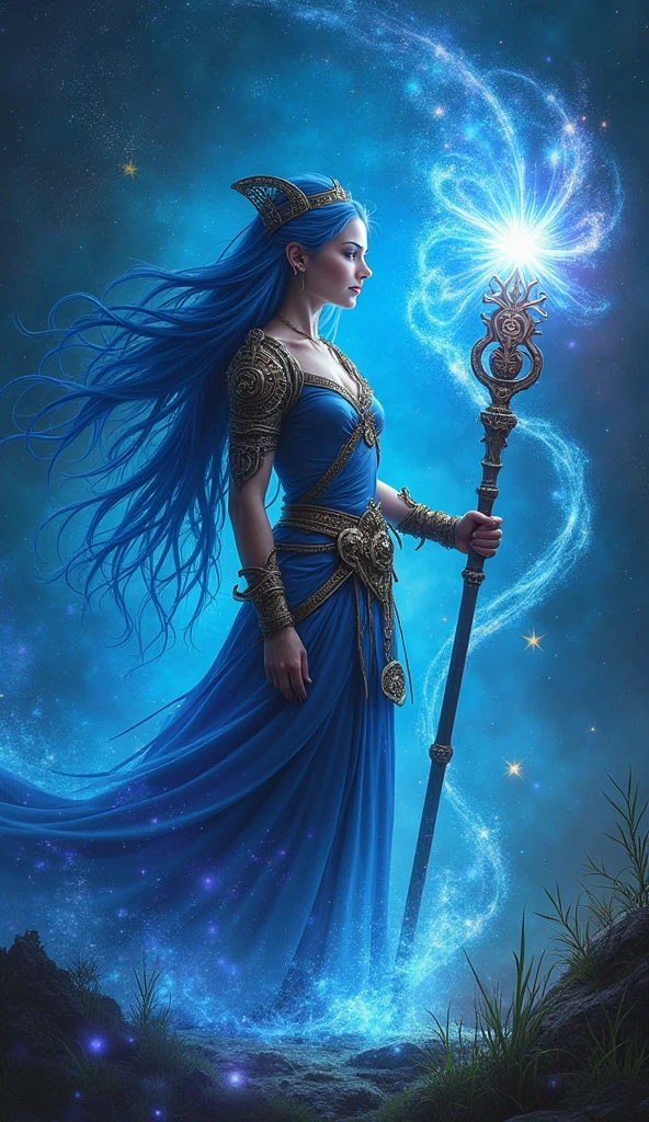 comic art  ((larry elmore style)), dnd art, rpg art, realistic art, female human druid of the stars, guardian of nature, controlling magical energy made of stars, swirling blue stary magical light, divine symbols (1.5 intricate details, Masterpiece, best quality), human female, busty, extremally beautiful, ultra feminine, dynamic hair, dynamic hair color, wearing leather armor, holding a staff, moon light, stars,  dynamic natural background,  RPG art, magical atmosphere magic-fantasy-sky full with colorful stars, high details, best quality, 16k, [ultra detailed], masterpiece, best quality, (extremely detailed), dynamic angle, ultra wide shot, photorealistic, ((fantasy art)) ultra best realistic, best details, best quality, 16k, [ultra detailed], masterpiece, best quality, (extremely detailed), ultra wide shot, photorealism, depth of field, hyper realistic painting, 3D rendering