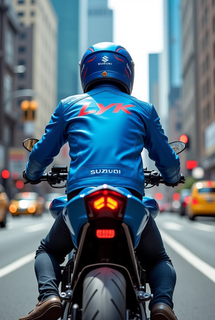 Suzuki gixxer motorcycle in blue with the name Lyk and L_Carrillo in jacket