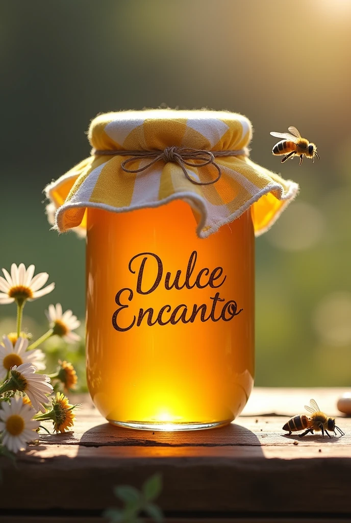 Jar of honey on a wooden table, On the cover there is a yellow and white checkered cloth with a label Dulce Encanto
