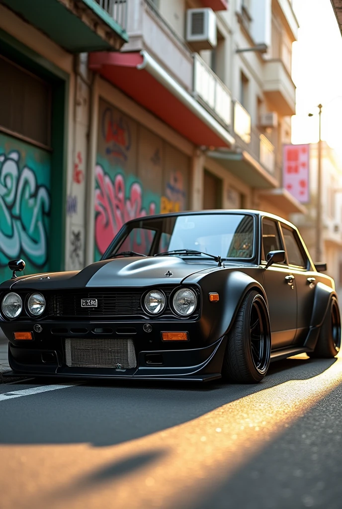 (photorealism:1.2), Datsun 710 car with 4 doors and matte black bodykit with sports rims