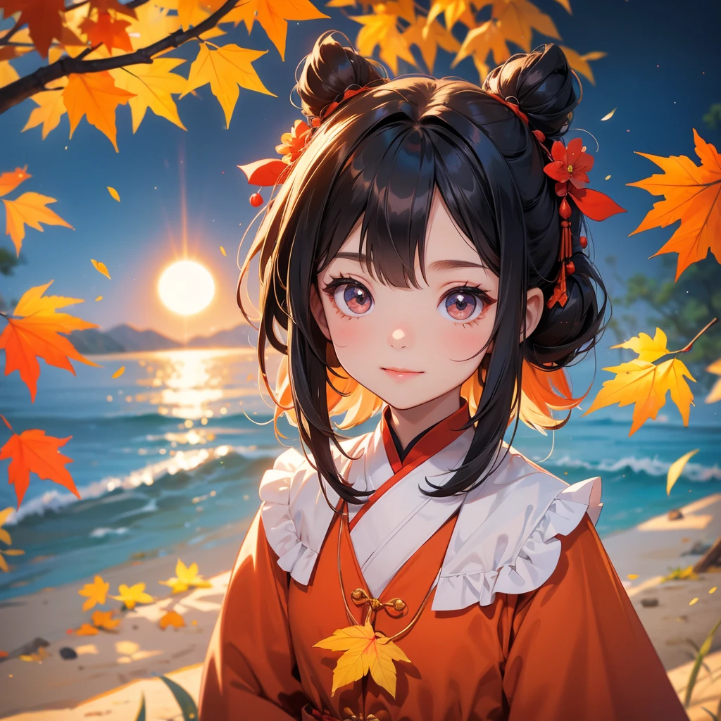 A chibi child girl had a small face and Wearing a little Taoist priest's outfit. A pair of big round eyes shone with curiosity about him. This child was so cute! The backdrop is a mountain that turns orange-red in spring, and maple leaves fall from the trees, her hair is black with two buns on her hair.small chibi, chibi baby, smiling ,Chibi. Sunset.
