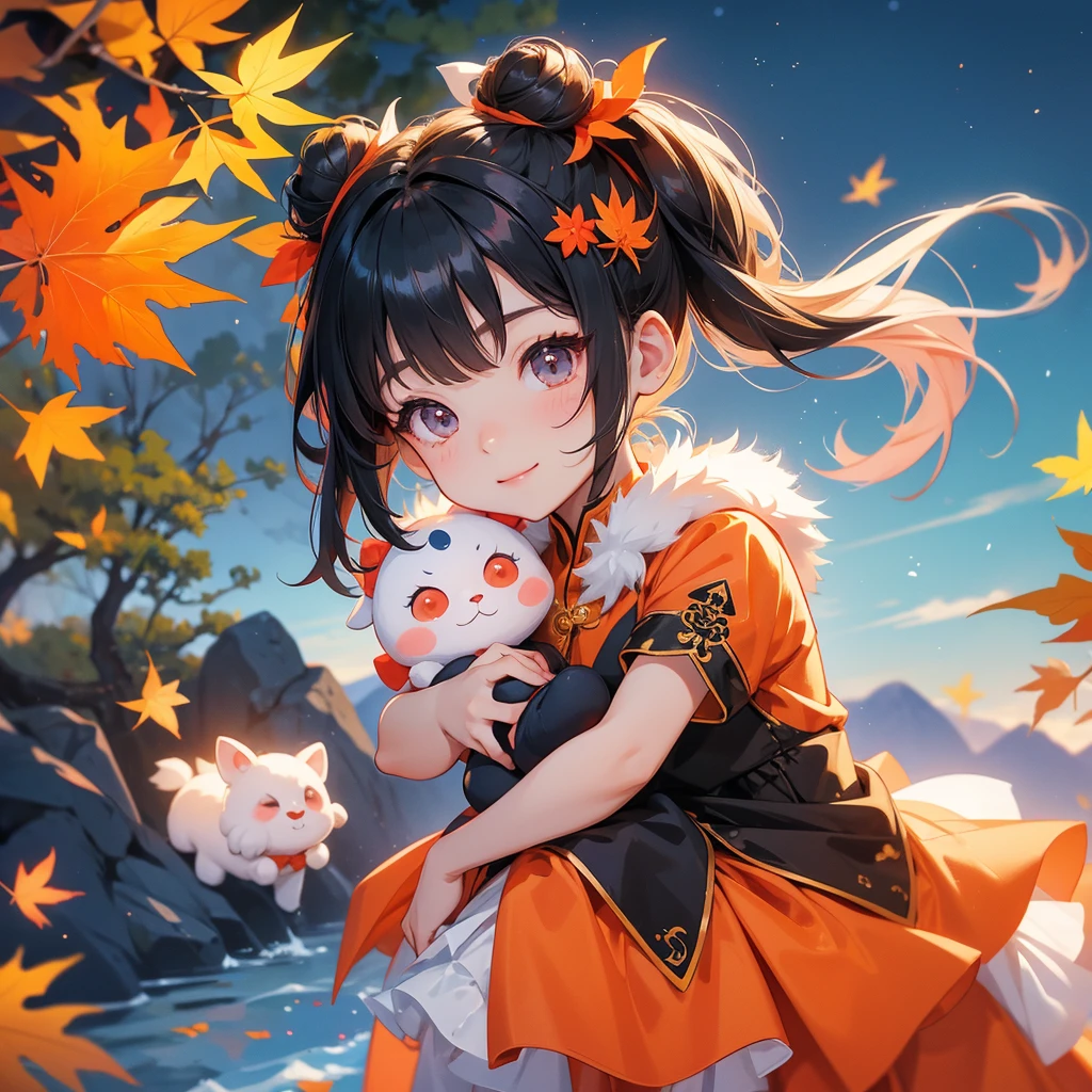 A chibi child girl had a small face and Wearing a little Taoist priest's outfit. A pair of big round eyes shone with curiosity about him. This child was so cute! The backdrop is a mountain that turns orange-red in spring, and maple leaves fall from the trees, her hair is black with two buns on her hair.small chibi, chibi baby, smiling ,Chibi. Sunset.
