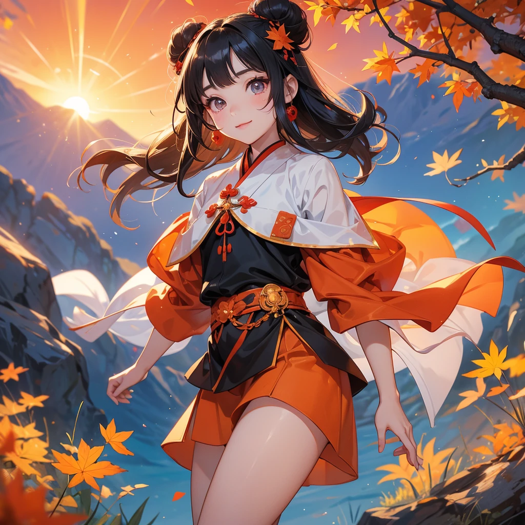 A chibi child girl had a small face and Wearing a little Taoist priest's outfit. A pair of big round eyes shone with curiosity about him. This child was so cute! The backdrop is a mountain that turns orange-red in spring, and maple leaves fall from the trees, her hair is black with two buns on her hair.small chibi, chibi baby, smiling ,Chibi. Sunset.
