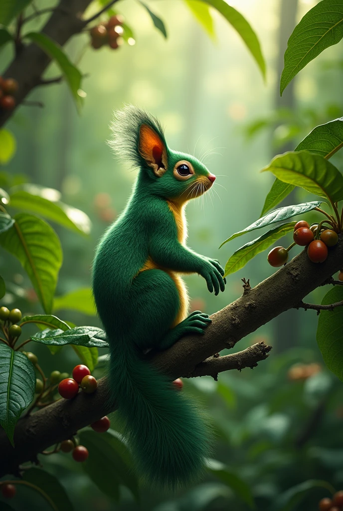 generate a realistic green squirrel on a branch of geisha coffee and this one is in the jungle
