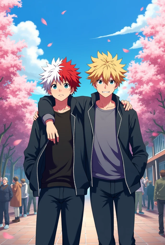 Todoroki Shoto and Bakugo Katsuki with their arms around each other