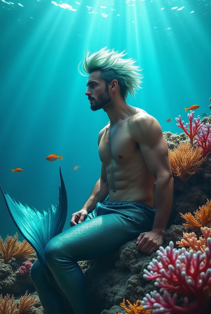 Handsome merman man , with a minimalist background, on a coral reef