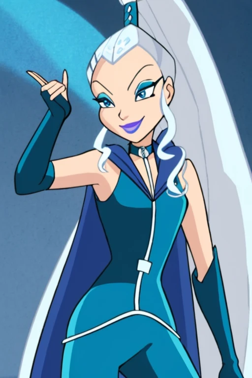 blue eyes, white hair, ponytail, very long hair, eyeshadow, WitchOutfit, sleeveless, dark-blue bodysuit, kneeboots, gloves, blue cape, icywinx, smile, room