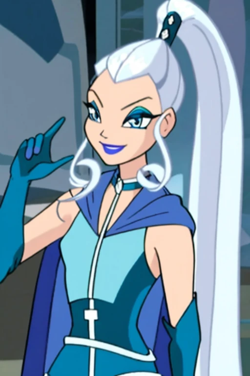 
 blue eyes, white hair, ponytail, very long hair, eyeshadow, WitchOutfit, sleeveless, dark-blue bodysuit, kneeboots, gloves, blue cape, icywinx, smile, room