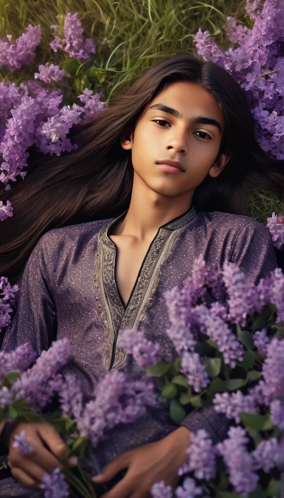 very slim young boy, 13 y.o, thin face, Moroccan, brown skin color, black straight long hair, long hair, straight hair, lies on the grass surrounded by lilac flowers, night, warm tones, soft colors, realistic, cinematic, ultra quality