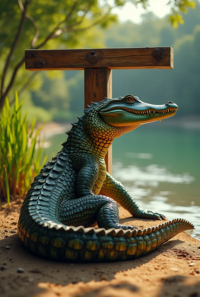 I want a crocodile with its body lying down, so that it is behind the T and that it is in the lower part of its body, almost at the tail, like surrounding the T with its tail.
