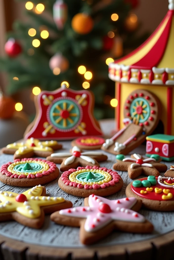 some flat gingerbread cookies with icing, that have the form of mechanical games, wheels of fortune, bumper cars