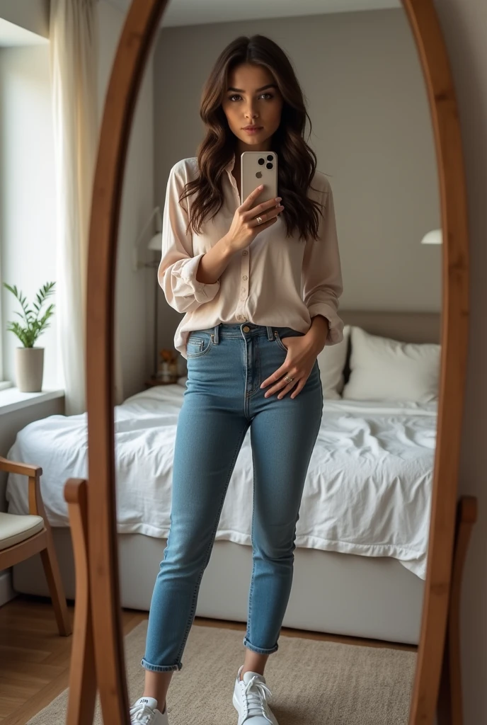 brunette woman, slim, medium wavy hair: photo in the mirror, showing the cell phone (AN IPHONE 15), with the following look: a miu miu blouse, jeans, Adidas sneakers and hair in a braid