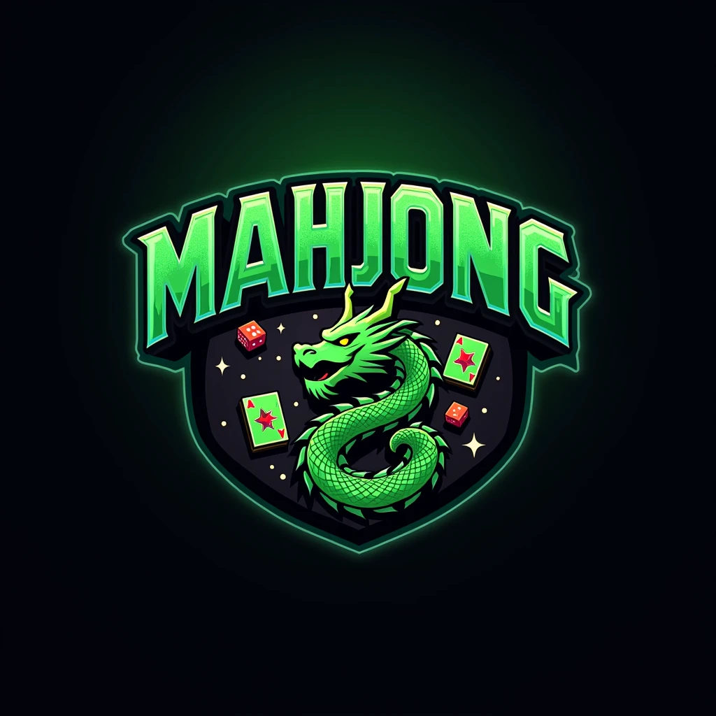 E-sport logo ( name team : MAHJONG ), mahjong, gambling theme, dark, e-sport, moba, team logo, dice, card, green dragon, ( Tittle : MAHJONG )