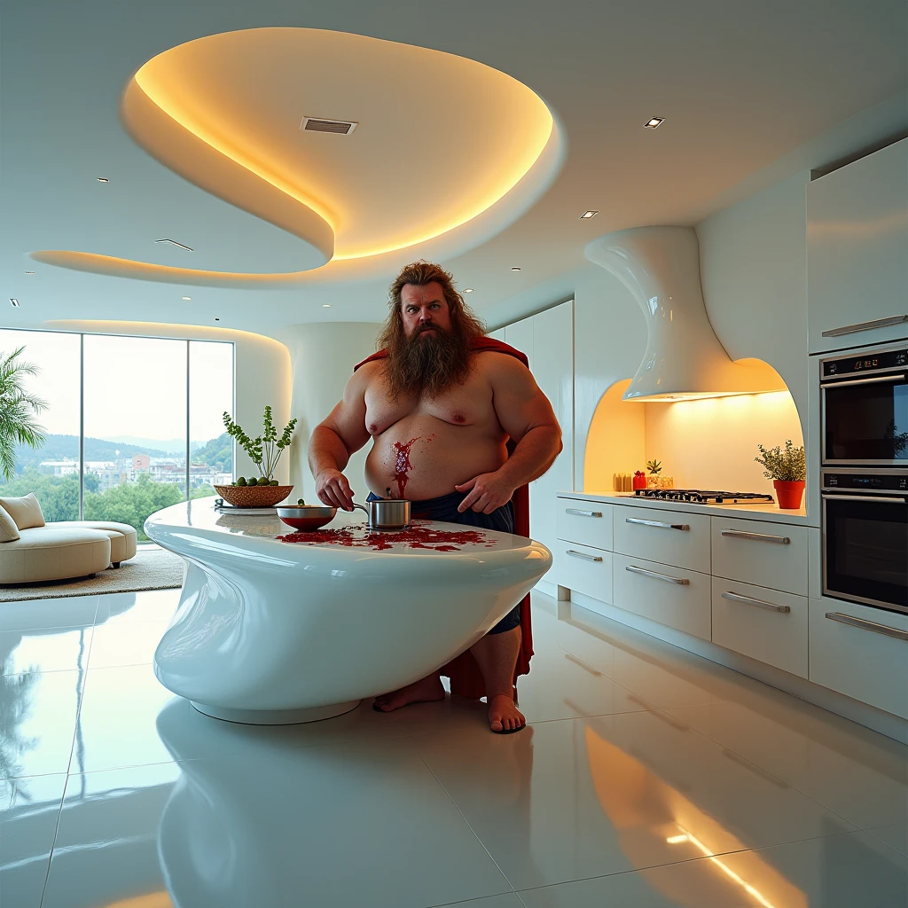 "A hyperrealistic conceptual painting of an overweight, hairy thor cooking in his underwear, wearing a dirty apron, in a kitchen designed by architect Zaha Hadid. The kitchen is open-plan with a central island, featuring sleek, curvaceous lines and futuristic architecture, typical of Hadid's style. The superhero is depicted with exaggerated, comic-book-style features, blending elements of hyperrealism and pop art. The scene is vibrant and playful, with modern kitchen appliances and unique, fluid shapes that define the space, adding a humorous contrast between the superhero and his surroundings."