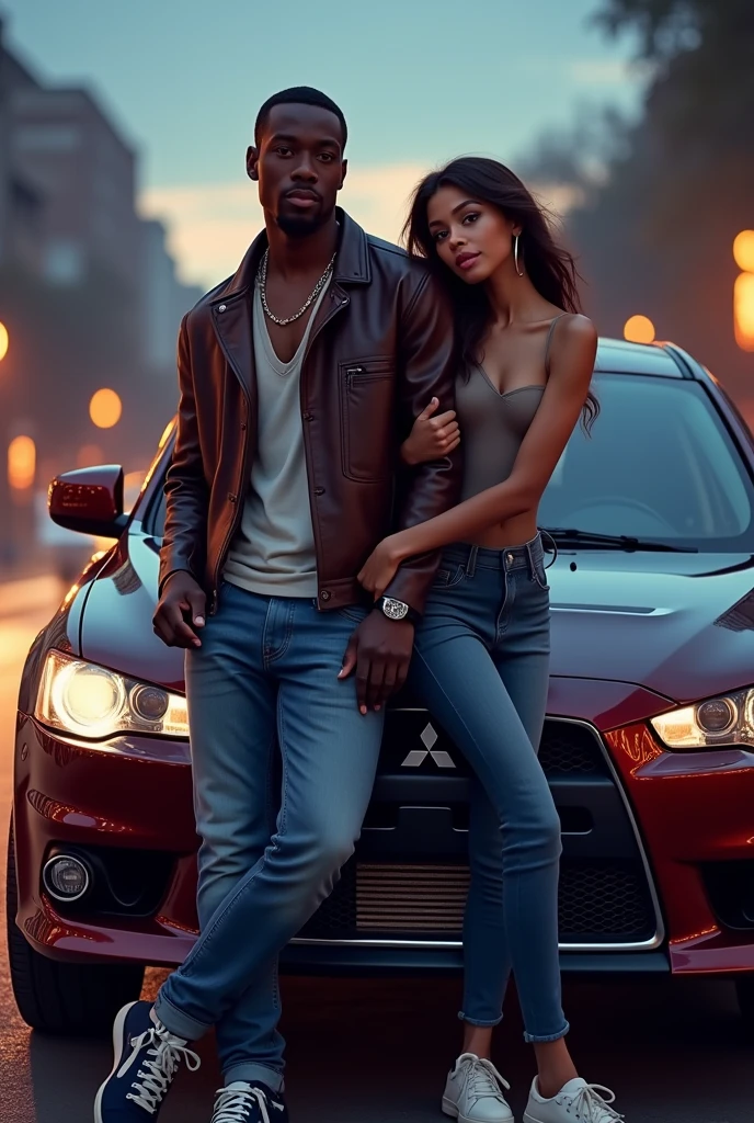 Black man with a white woman leaning on a Mitsubishi Lancer drawing