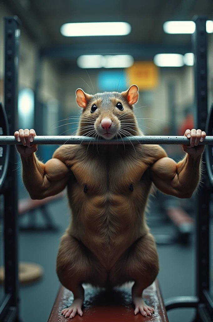 A muscle-bound rat doing a bench press