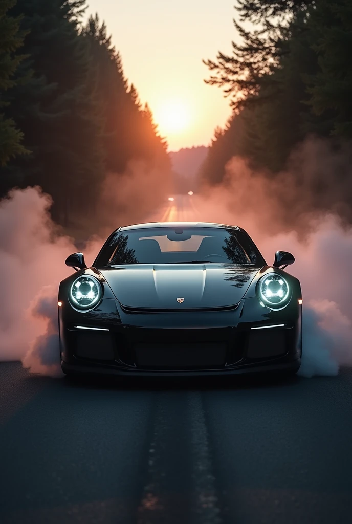 Black porche in center of road back ground smoke
