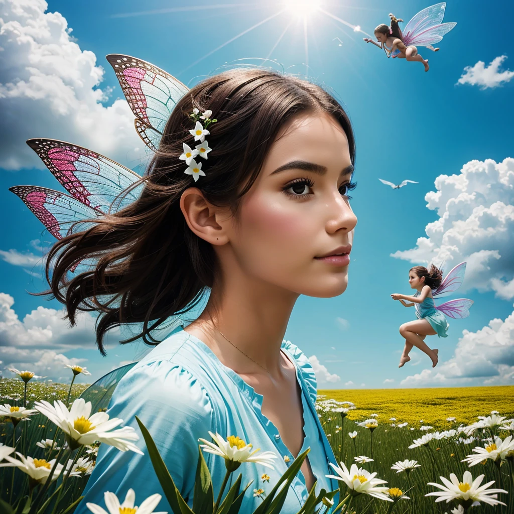 A portrait of beautiful fairy flying around flowers in cloud
