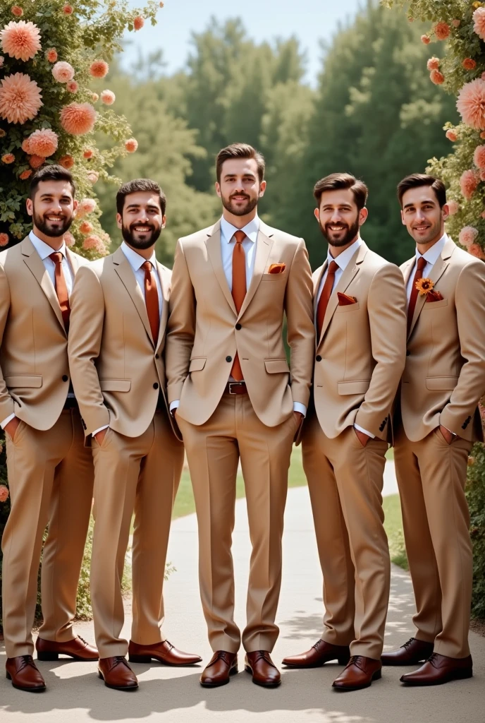 7 groomsmen in sand-colored suits with terracotta-colored ties and the groom in the middle