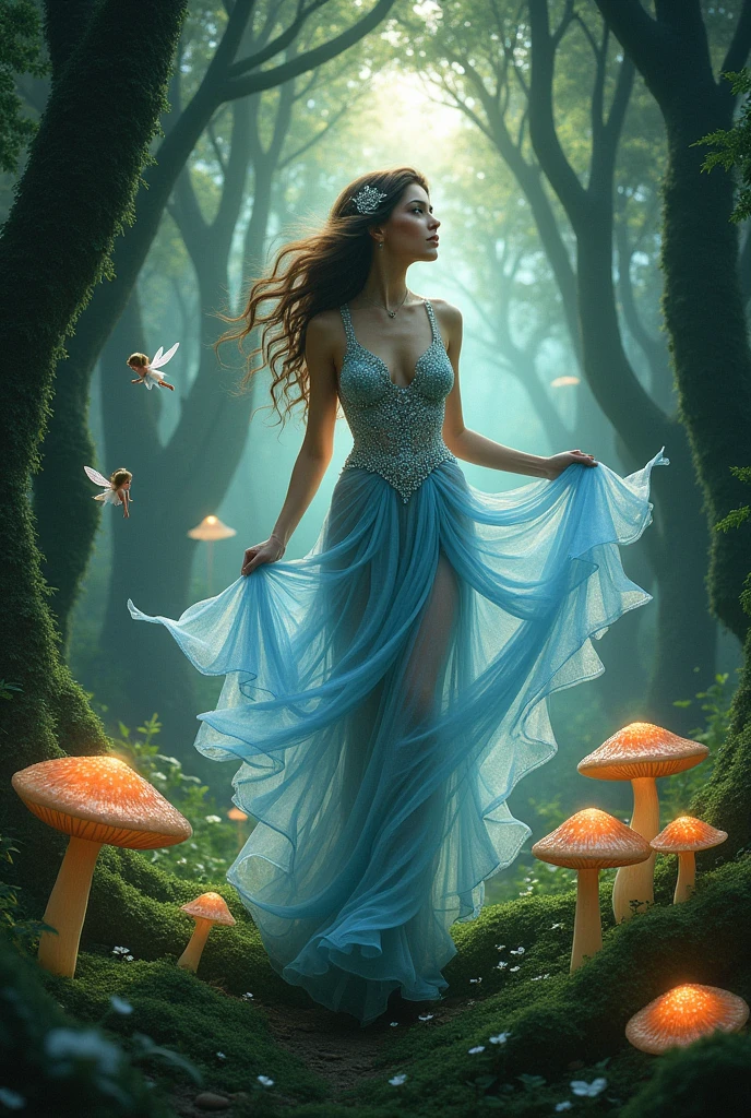 A woman coming out of a portal in a forest, surrounded by three fairies, bioluminescent mushrooms