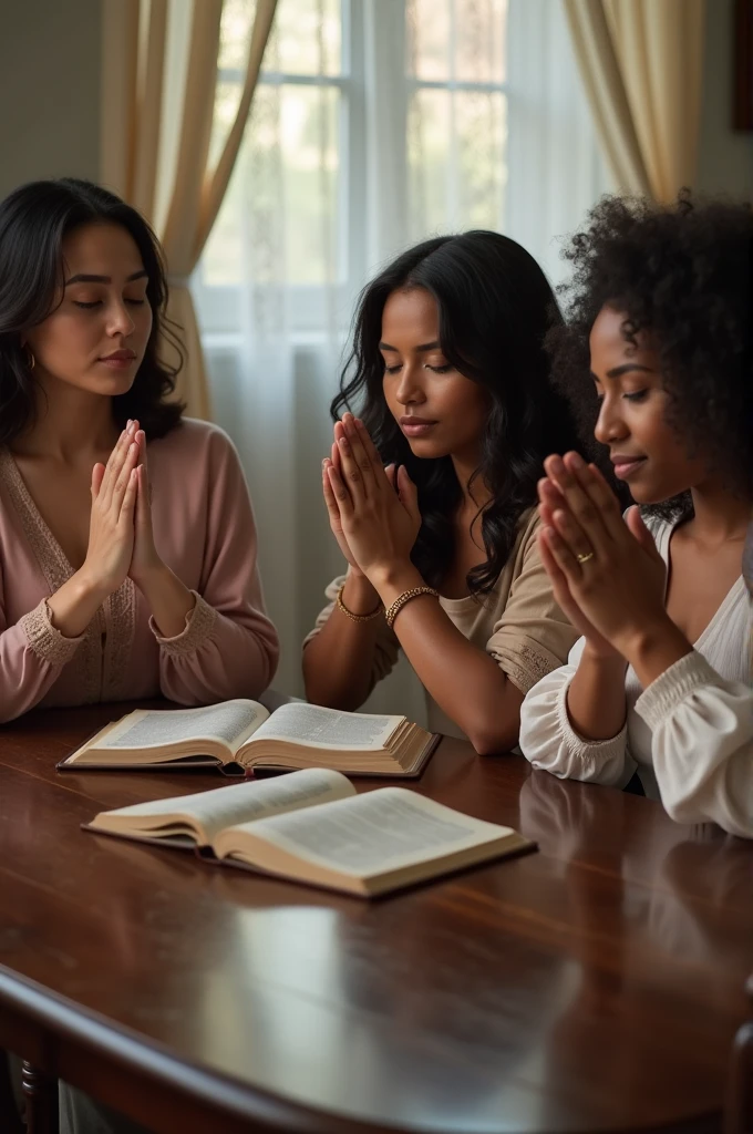 An asian ,black and white women,sitting around the table,with both hands together to pray,eyes closed,with the bible opened in the middle