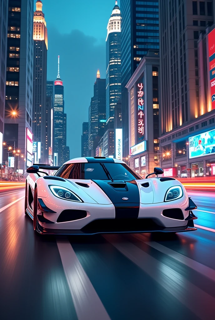 A white Koenigsega Agera racing against a city background